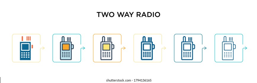 Two way radio vector icon in 6 different modern styles. Black, two colored two way radio icons designed in filled, outline, line and stroke style. Vector illustration can be used for web, mobile, ui