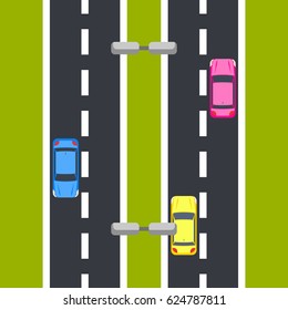 Two way roadway vector illustration top view.