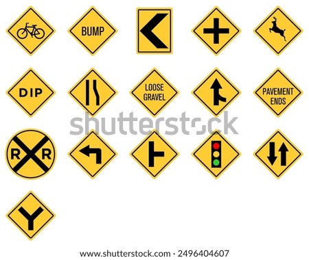 Two Way Sharp Left Turn Merging Traffic Signal Side Pavement Ends Deer Bicycle Crossing RR Railroad Crossing Loose Gravel Dip Low Place Ahead Road Sign Traffic Warning Regulatory Sign Signage Vector E