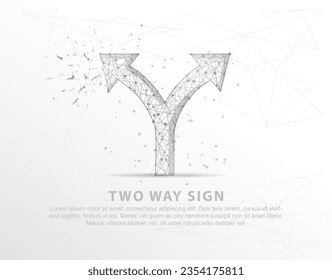 Two way sign abstract mash line and composition digitally drawn in the form of broken a part triangle shape and scattered dots low poly wire frame.