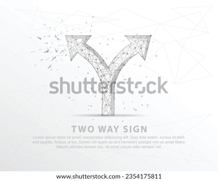 Two way sign abstract mash line and composition digitally drawn in the form of broken a part triangle shape and scattered dots low poly wire frame.