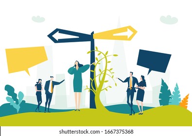 Two way sign post and business people negotiating the deal. Business concept illustration 