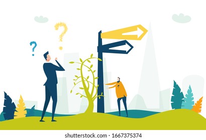 Two way sign post and businessman thinking which way to go. Business concept illustration 