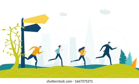 Two way sign post and people running towards the success. Business concept illustration 