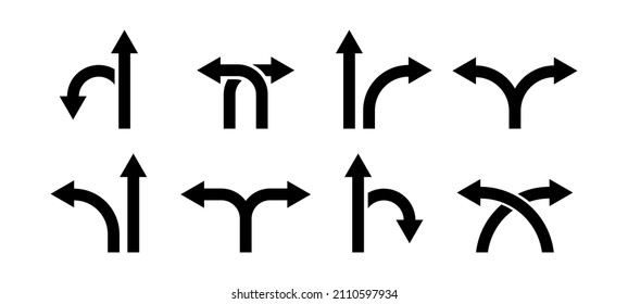 Two way and three-way direction arrow sign. Road signs icon collection. Road direction vector icon collection. Way direction arrow sign set. Vector graphic EPS 10