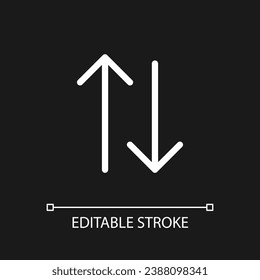 Two way traffic arrows pixel perfect white linear ui icon for dark theme. Destination. Road sign. Vector line pictogram. Isolated user interface symbol for night mode. Editable stroke. Arial font used