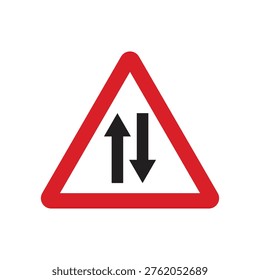 Two way traffic road triangle template. Triangle warning sign with black up and down arrows
