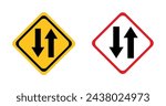 Two way traffic sign. two direction yellow signboard. oncoming traffic 2 arrow symbol.