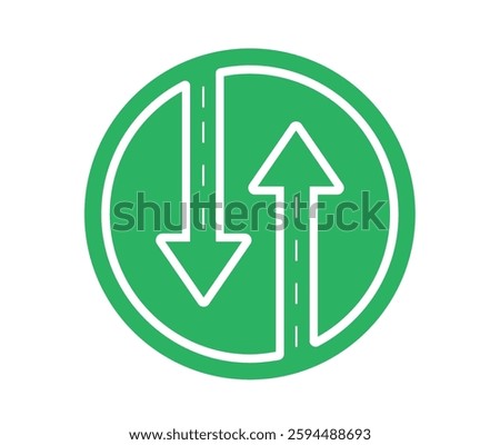 Two way traffic sign icon clipart. Two way road symbol clip art with up and down arrow with broken line in circle green board for vehicle traffic information vector illustration.