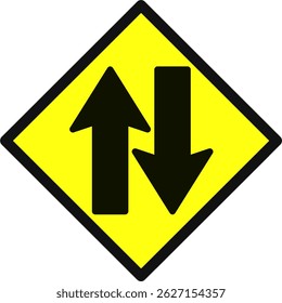 Two way traffic warning sign with black arrows on yellow diamond. Ideal for road safety, driving education, traffic info graphics, and vector icon sets.
