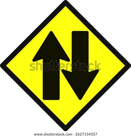 Two way traffic warning sign with black arrows on yellow diamond. Ideal for road safety, driving education, traffic info graphics, and vector icon sets.