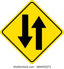 Two way traffic yellow sign on white background illustration