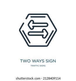 two ways sign thin line icon. direction, navigation linear icons from traffic signs concept isolated outline sign. Vector illustration symbol element for web design and apps.