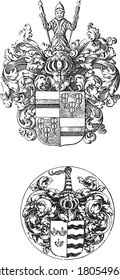 Zwei Waffen, anonym, 1611 - 1711 Zwei Darstellungen auf einem Albumblatt. Oben das Wappen von Cornelis Bicker, Lord of Swieten, Vintage-Gravur.