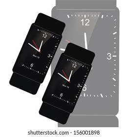 two wearable black smart clocks in a white background