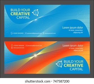 Two web banners with abstract cosmic background, containing rays and glowing dots. For sites and social networks. Vector illustration.