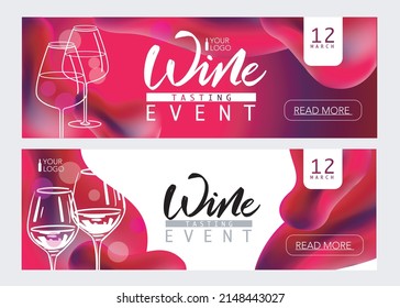 Zwei Webbanner, Einladung auf Weinparty mit Brille, flüssiger Gestaltung, moderne Typografie. Vorlage für den horizontalen Coupon.
