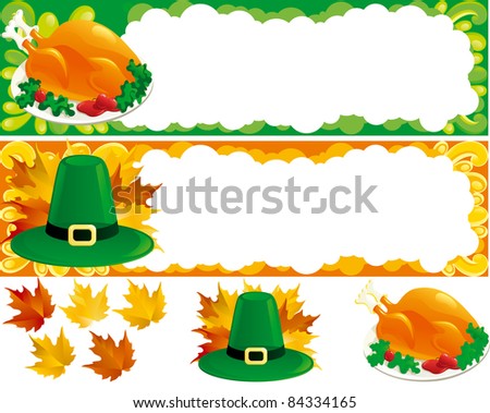 Two web banners for thanksgiving . Hat, Turkey-cock and  autumn leaves. There are no meshes in this image.