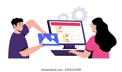 Two web developers collaborating on digital project insert an image into website code displayed on computer screen. Teamwork, technology and development topics. Vector illustration.