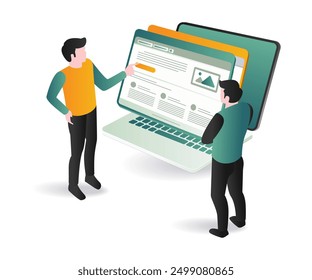 Two web developers standing next to a laptop screen