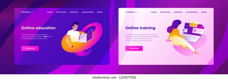 Two web page design templates for distance education, consulting, training, language courses with studying people. Modern vector illustrations concepts for website and mobile website development.