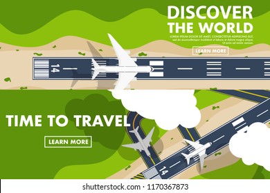 Two Website Banner Of Top Down Flat View From The Sky Of The Airport With Runway With Plane(airplane) Is Taking Off Or Landing With Green Field And Copy Space For Text 