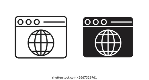 Two website icons: one line art, one solid black, both featuring a globe symbol. Isolated on white.