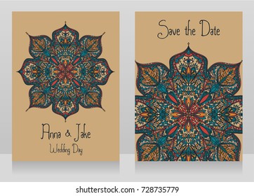 Two wedding cards with beautiful lace ornament in gypsy style, boho style, vector illustration