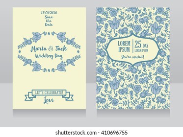 Two wedding cards in folk style, flowers design, vector illustration