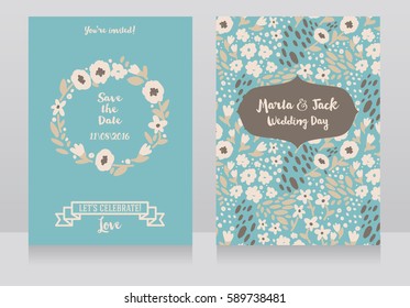Two wedding cards in folkloric style, flowers design, blue and white color,  vector illustration