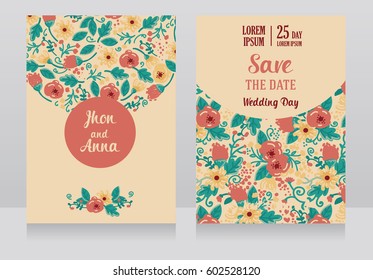 Two wedding cards in folkloric style, flowers design, vector illustration