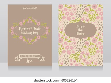 Two wedding cards in folkloric style, flowers design and tender palette, vector illustration