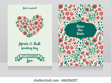 Two wedding cards in folkloric style, heart formed flowers, green and red colors, vector illustration