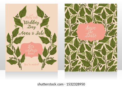 Two wedding cards with leaves decoration, pink and green palette, vector illustration