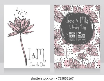Two wedding cards with lotus flower and monstera leaves, romantic colors, vector illustration 