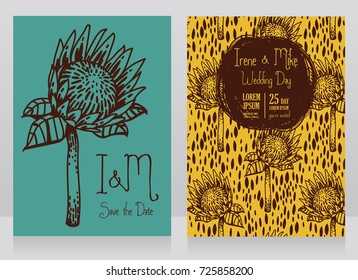 Two wedding cards with protea flower, folkloric style, blue and yellow banners, vector illustration 