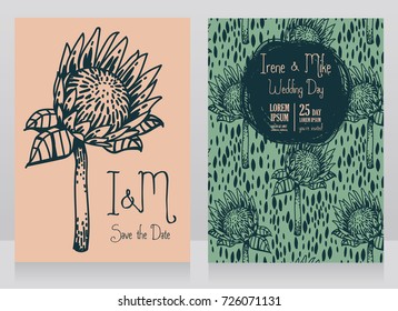 Two wedding cards with protea flower, folkloric style, vector illustration 