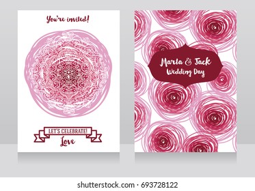 Two wedding cards with strokes and lace ornament, vector illustration