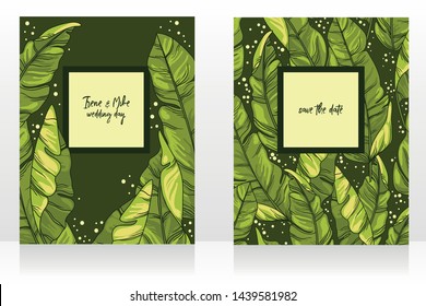 Two wedding cards with tropical design, palm leaves and minimalistic decoration, sketch style vector illustration