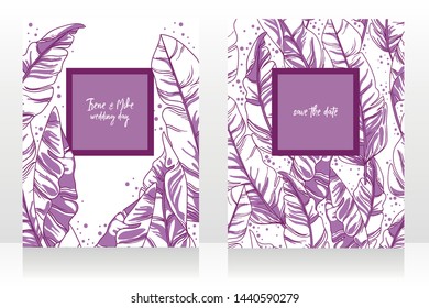 Two wedding cards with tropical design, palm leaves and minimalistic decoration, lilac and white colors, sketch style vector illustration