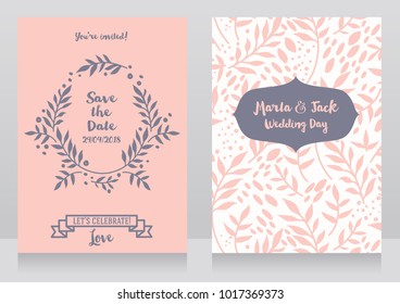 two wedding cards with  twigs and dots, romantic style, pink colors, vector illustration