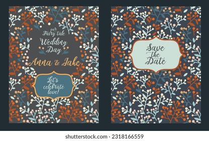 two wedding cards with twigs and dots, country style design, vector illustration in vintage palette