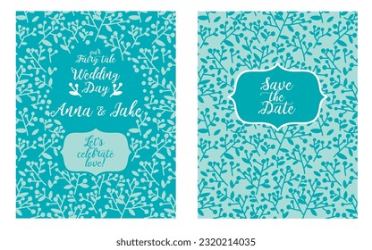 two wedding cards with twigs and dots, romantic retro design, tiffany blue color, vector illustration