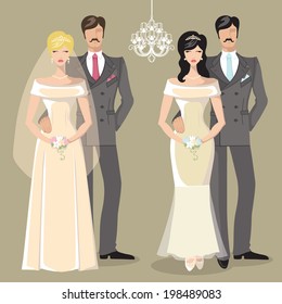 Two wedding couple.Cute cartoon groom and bride in retro style with A design template.The vector.