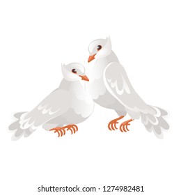 Two wedding doves isolated on white background. Symbol of love and wedding. Vector cartoon close-up illustration.