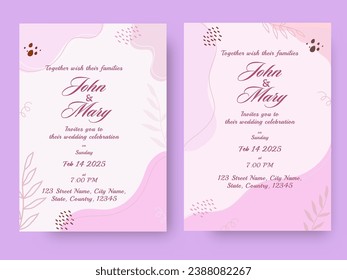 Two Wedding Invitation Card Template Layout In Pink Color.