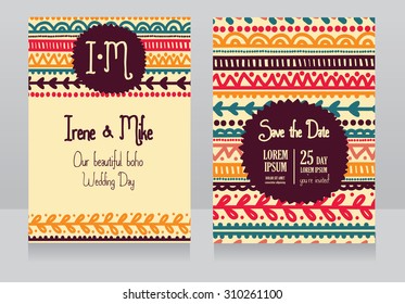 two wedding invitation cards for boho style, vector illustration