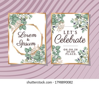 Two wedding invitations with gold ornament frames and buds flowers and leaves on purple background design, Save the date and engagement theme Vector illustration