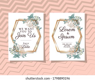 Two wedding invitations with gold ornament frames and buds flowers and leaves on pink background design, Save the date and engagement theme Vector illustration