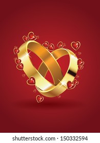 Two wedding rings in heart shape and red hearts background.